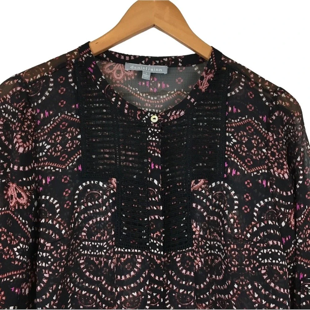 Daniel Rainn Blouse Womens Button Up Roll Tab Long Sleeve Chiffon Overlay Small